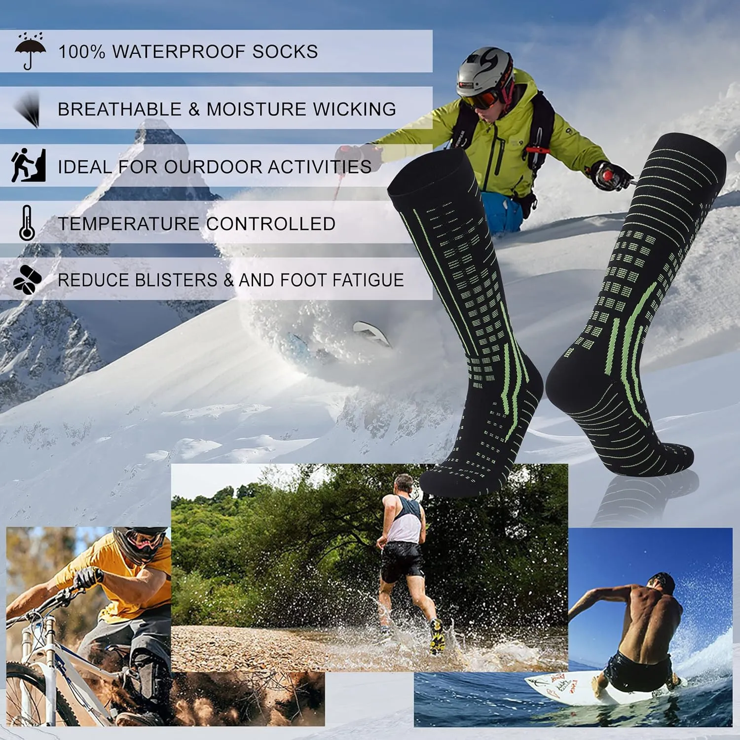 RANDY SUN Merino Wool Waterproof Socks, Men Women Knee High Breathable Hiking Running Socks 1 Pair