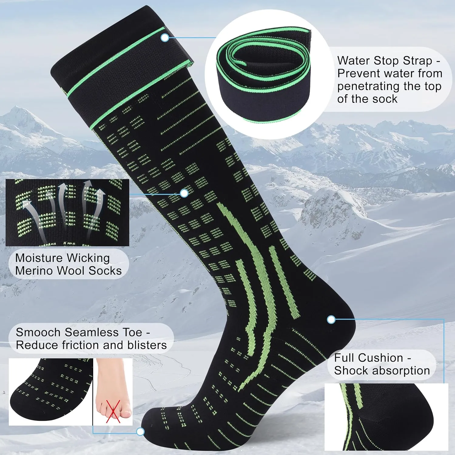 RANDY SUN Merino Wool Waterproof Socks, Men Women Knee High Breathable Hiking Running Socks 1 Pair