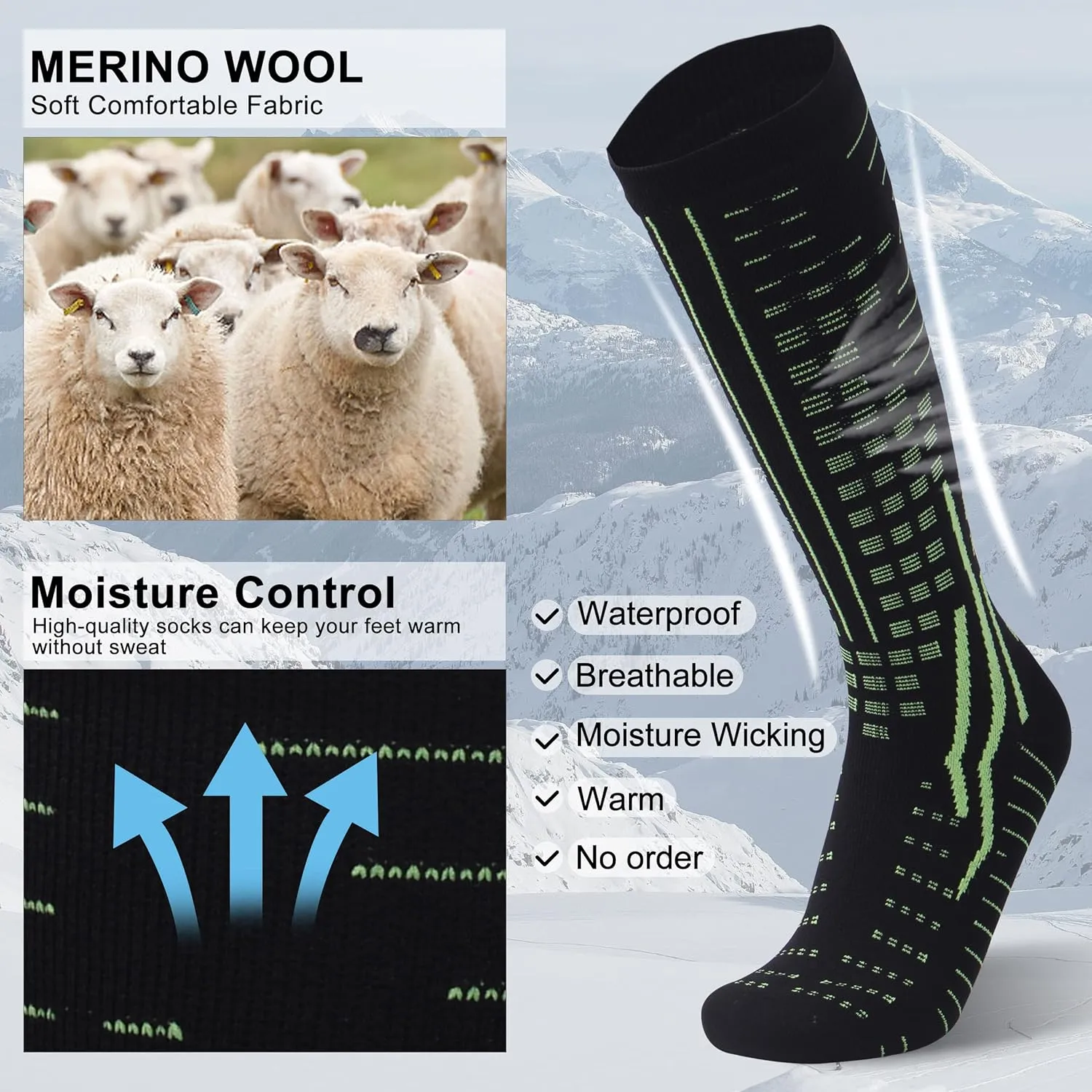RANDY SUN Merino Wool Waterproof Socks, Men Women Knee High Breathable Hiking Running Socks 1 Pair