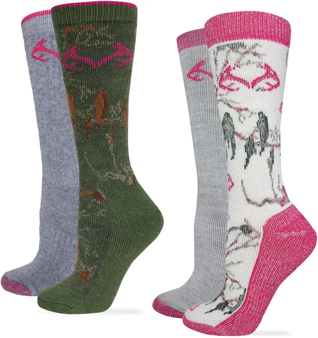 Realtree Womens Full Cushion Merino Wool Camo Pattern Crew Socks 4 Pair Pack (Olive/Black Camo, Pink/Grey, Women's Shoe Size 6-9 - Sock Size Medium)