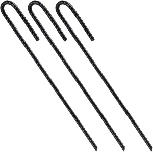 Rebar Stakes U/J Hook Extra Heavy Duty,(50pcs) 12 inch x 1/4 inch Rust Proof Coated Steel Ground Stakes Ground Anchors, Garden Stake Metal Stakes Tent Stakes Trampoline Anchors (J-Hook)