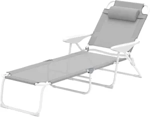 Reclining Camping Chair Portable Sun Lounger Folding Camping Cot Outdoor Lounge Chairs Patio Sun Tanning Chair with Adjustable Backrest and Removable Pillow for Patio Garden Beach Pool Light Gray