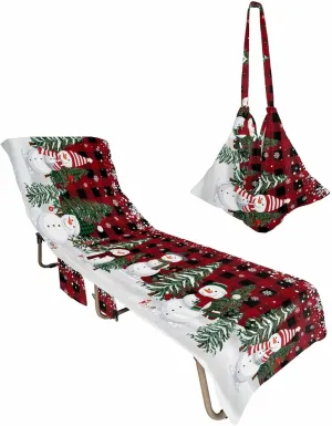 Red Black Plaid Beach Pool Patio Lounge Chaise Chair Cover Towel With Pockets,Absorbent & Quick Dry Microfiber Towel Cover Bag Summer Travel Accessories for Sunbathing Christmas Snowman Snowflake Tree