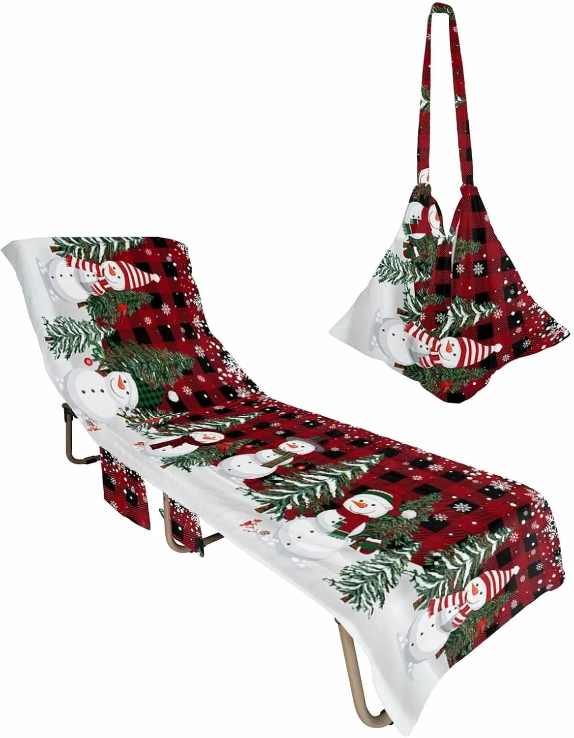 Red Black Plaid Beach Pool Patio Lounge Chaise Chair Cover Towel With Pockets,Absorbent & Quick Dry Microfiber Towel Cover Bag Summer Travel Accessories for Sunbathing Christmas Snowman Snowflake Tree