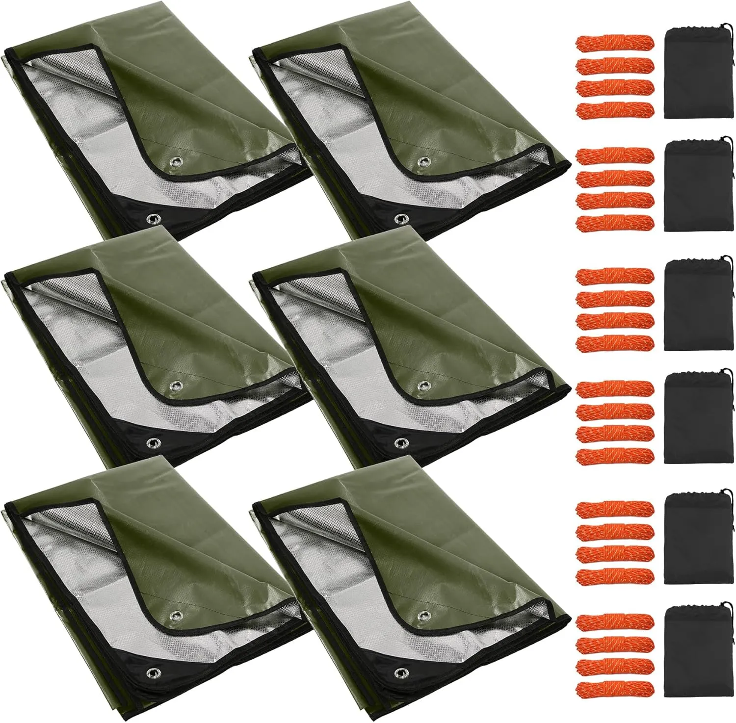 RedSwing 6 Pack Heavy Duty Waterproof Emergency Thermal Tarp, Insulated Survival Blanket for Outdoor Camping, Hiking, and Emergency Shelter, Green