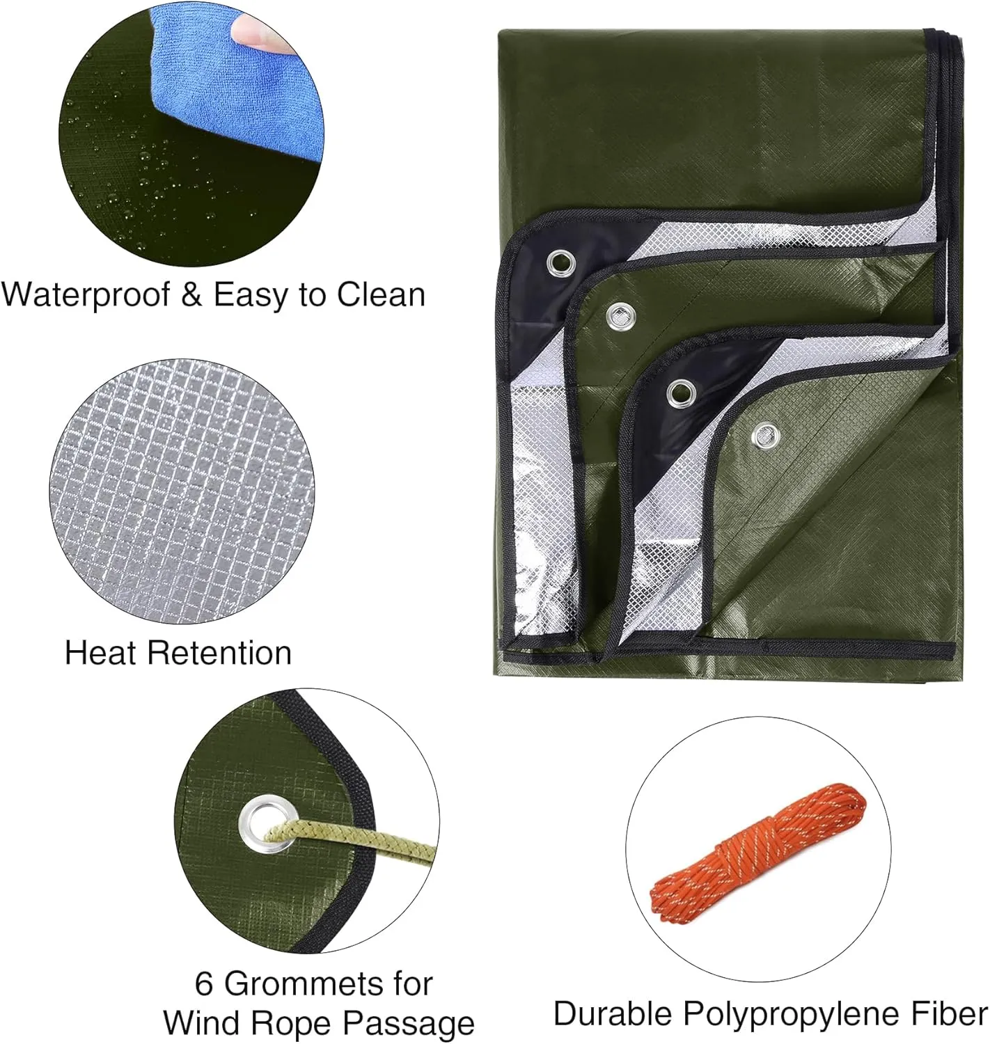 RedSwing 6 Pack Heavy Duty Waterproof Emergency Thermal Tarp, Insulated Survival Blanket for Outdoor Camping, Hiking, and Emergency Shelter, Green