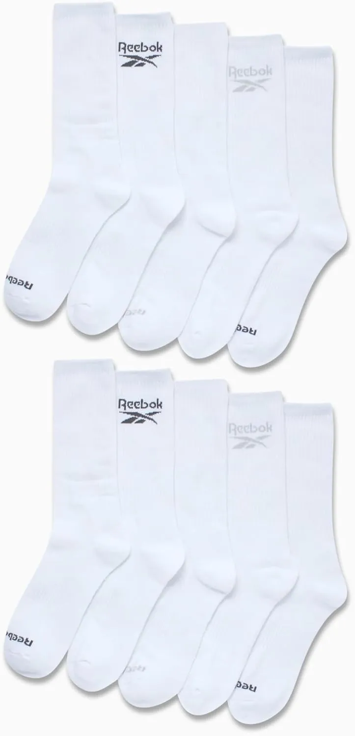 Reebok Men's Crew Socks - 10 Pack Stretch Performance Cushioned Crew Socks - Arch Support Athletic Socks for Men (6-12.5)