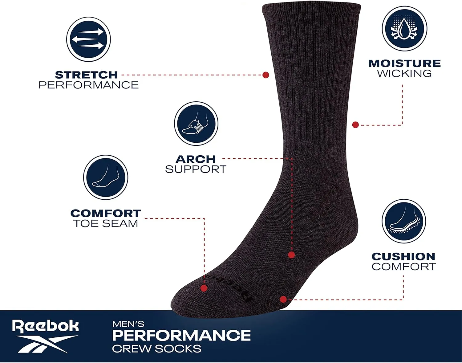 Reebok Men's Crew Socks - 5 Pack Comfort Cushion Performance Crew Socks for Men - Classic Men's Sports Socks (Size: 6-12.5)