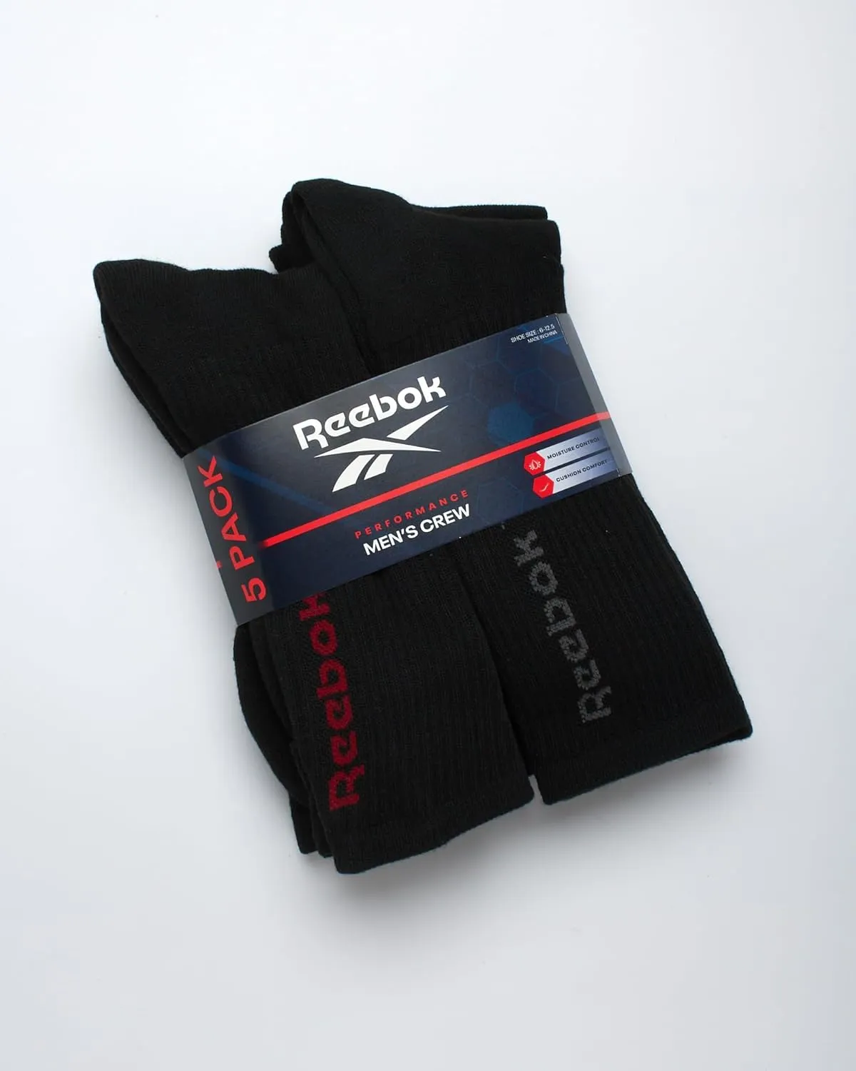 Reebok Men's Crew Socks - 5 Pack Stretch Performance Cushioned High Crew Socks - Arch Support Athletic Socks for Men (6-12.5)