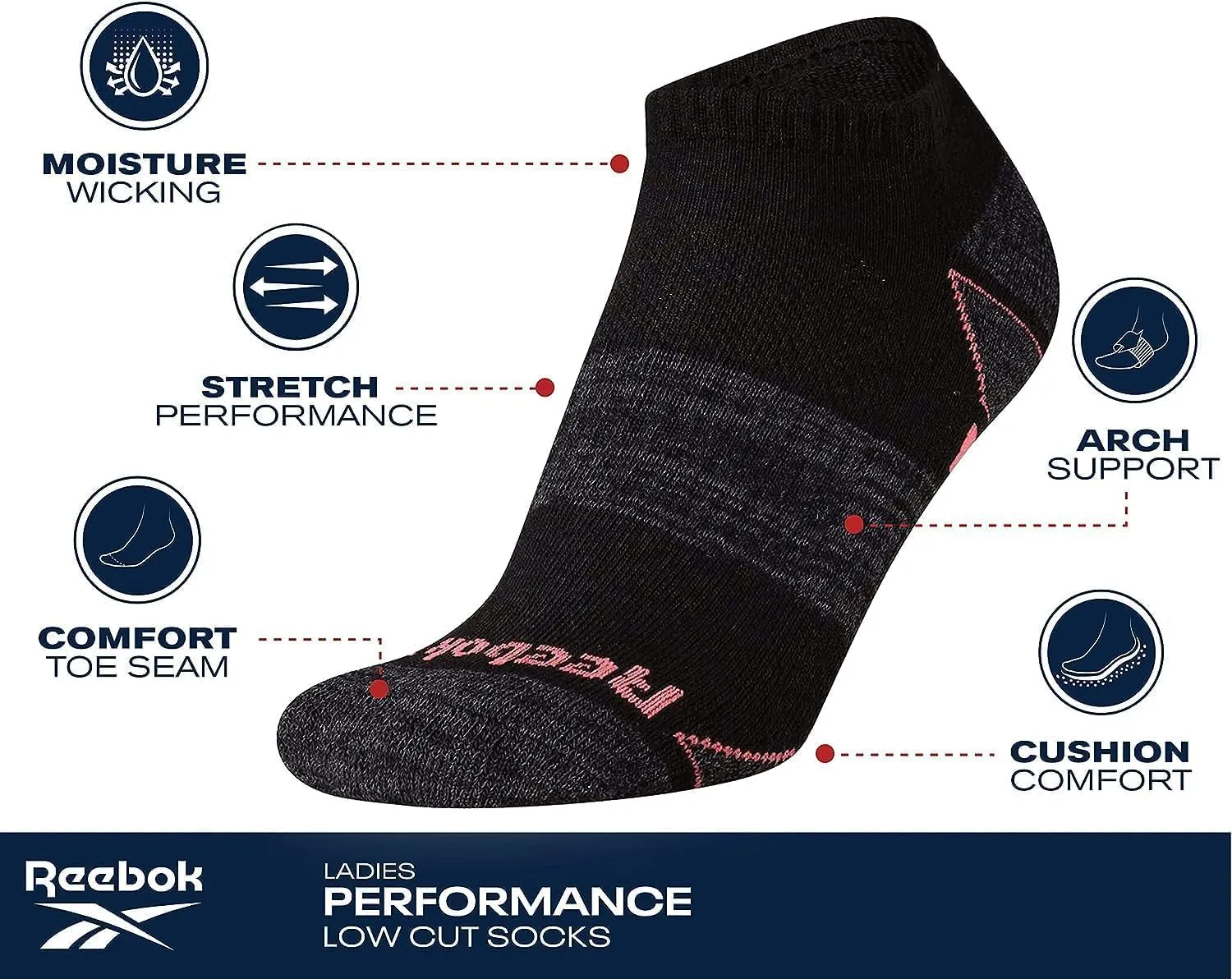 Reebok Women's Athletic Socks - Performance Cushioned Low Cut Socks (6 Pack)
