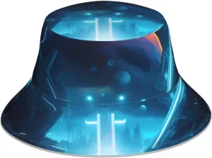 Reflective Bucket Hat Science Fiction Future Pattern for Men and Women - Lightweight, Breathable, Foldable Black