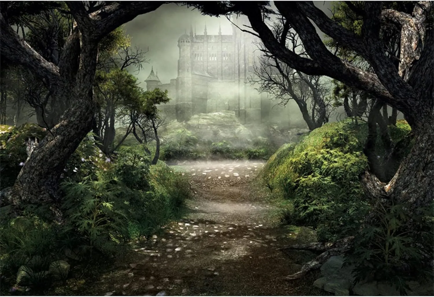 Renaiss Enchanted Forest Backdrop Fabric Green Medieval Smoky Jungle Forest Wonderland Fairy Tale Adventure Photography Background Fairytale Theme Party Decorations Photo Prop 9x6ft