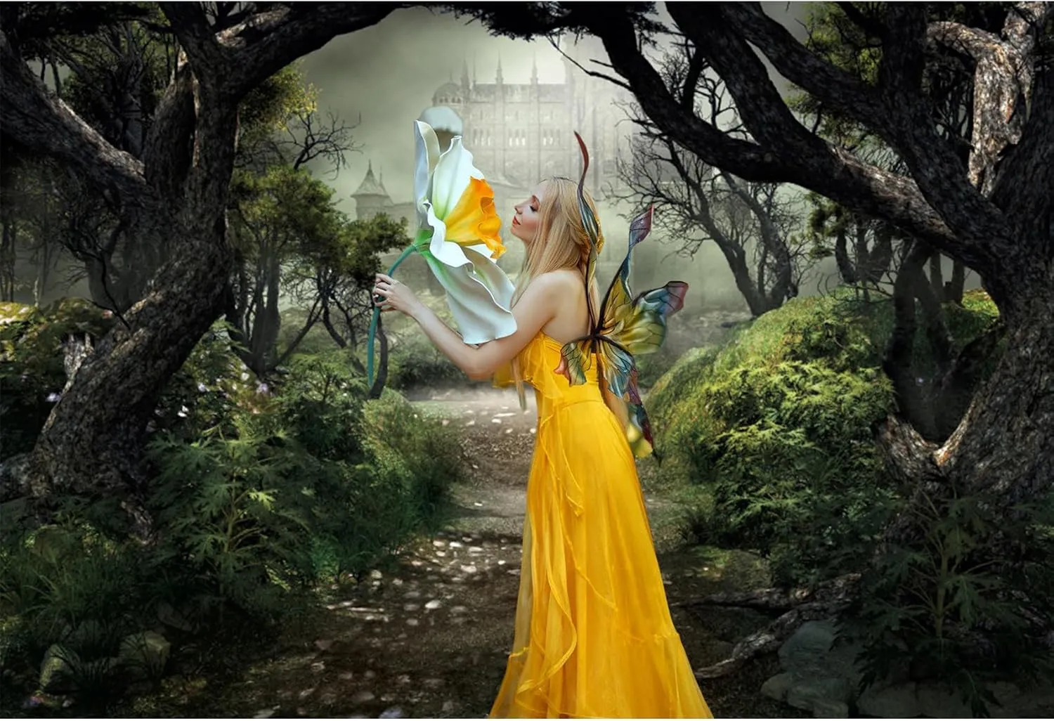 Renaiss Enchanted Forest Backdrop Fabric Green Medieval Smoky Jungle Forest Wonderland Fairy Tale Adventure Photography Background Fairytale Theme Party Decorations Photo Prop 9x6ft