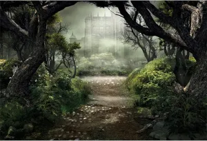 Renaiss Enchanted Forest Backdrop Fabric Green Medieval Smoky Jungle Forest Wonderland Fairy Tale Adventure Photography Background Fairytale Theme Party Decorations Photo Prop 9x6ft