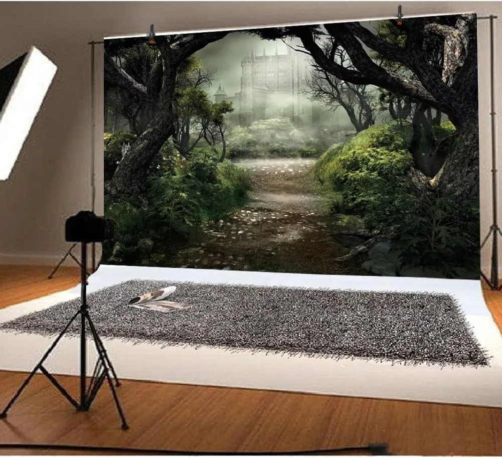 Renaiss Enchanted Forest Backdrop Fabric Green Medieval Smoky Jungle Forest Wonderland Fairy Tale Adventure Photography Background Fairytale Theme Party Decorations Photo Prop 9x6ft