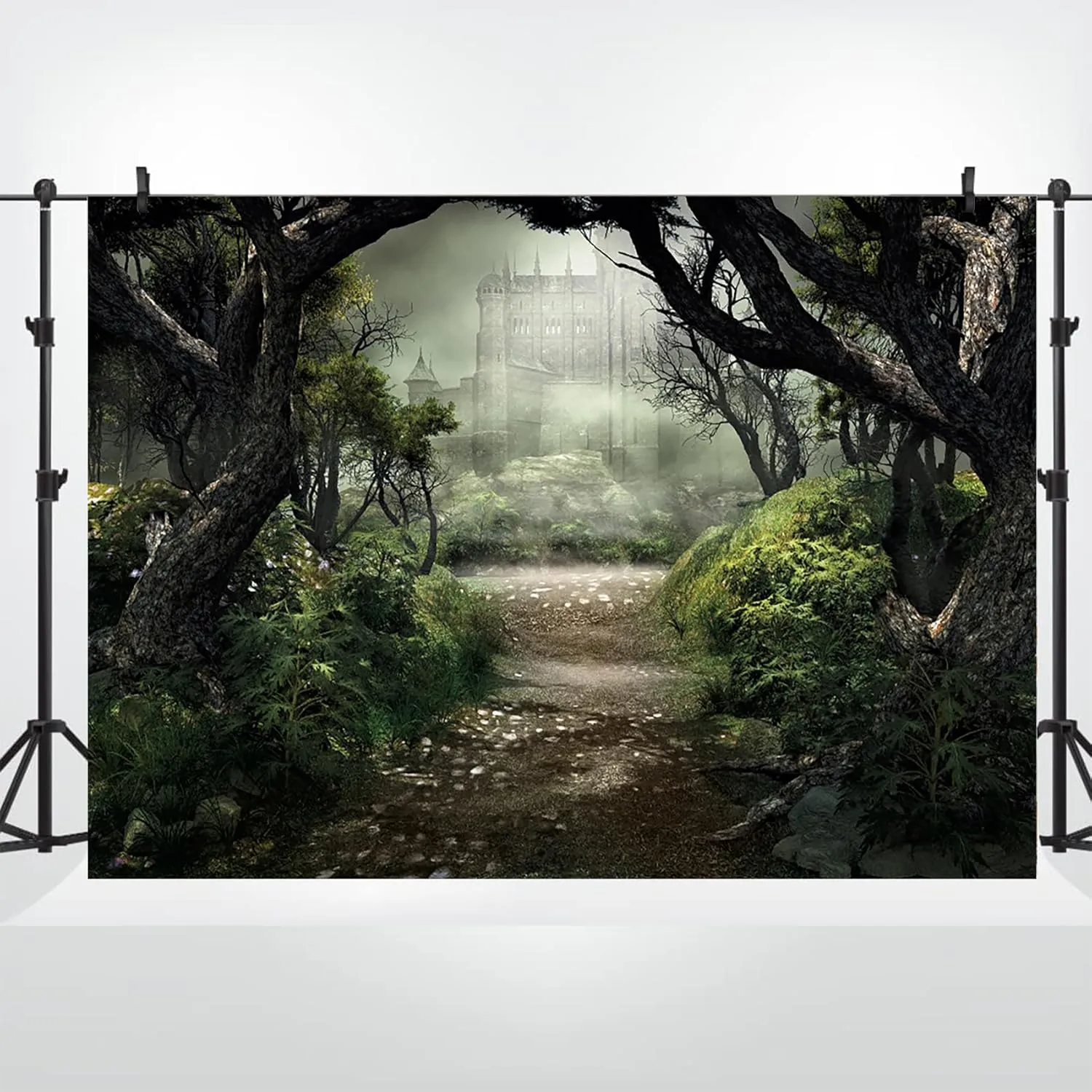 Renaiss Enchanted Forest Backdrop Fabric Green Medieval Smoky Jungle Forest Wonderland Fairy Tale Adventure Photography Background Fairytale Theme Party Decorations Photo Prop 9x6ft