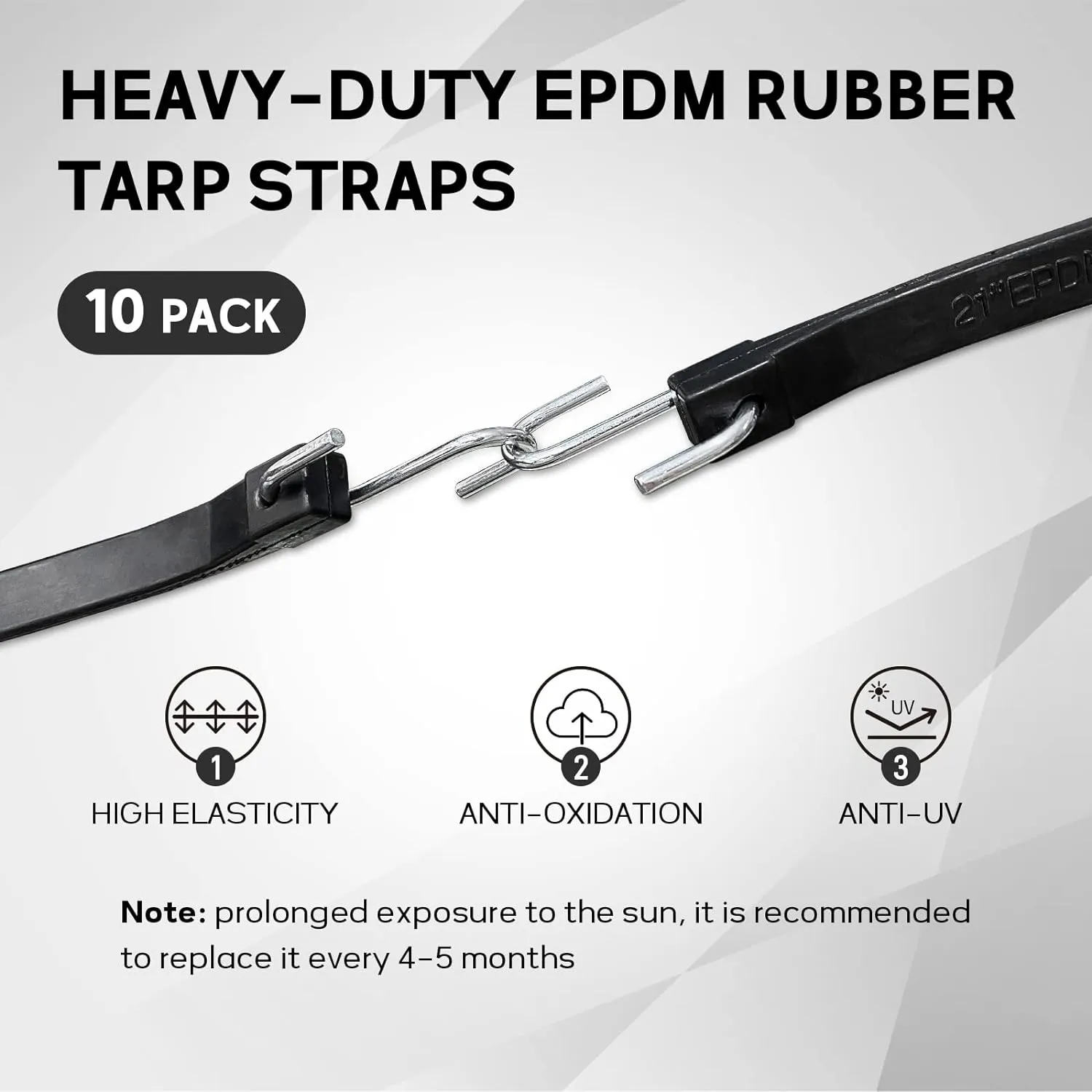 ROBLOCK 21" Rubber Tarp Straps with 150% Max Stretch, 100% EPDM Bungee Cords with Metal Crimped S Hooks, Ideal for Securing Tarps, Cargo, Canvases, Weatherproof (10 Pack)