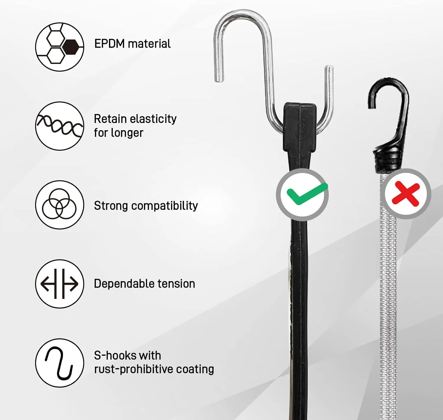 ROBLOCK 21" Rubber Tarp Straps with 150% Max Stretch, 100% EPDM Bungee Cords with Metal Crimped S Hooks, Ideal for Securing Tarps, Cargo, Canvases, Weatherproof (10 Pack)