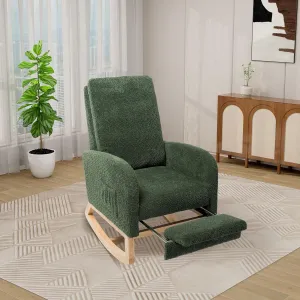 Rocking Chair Nursery, High Back Glider Chair with Retractable Foot Rest, Side Pocket, Rocking Accent Armchair with Rubber Wood Legs, for Indoor Living Room Bedroom.(Green 2)