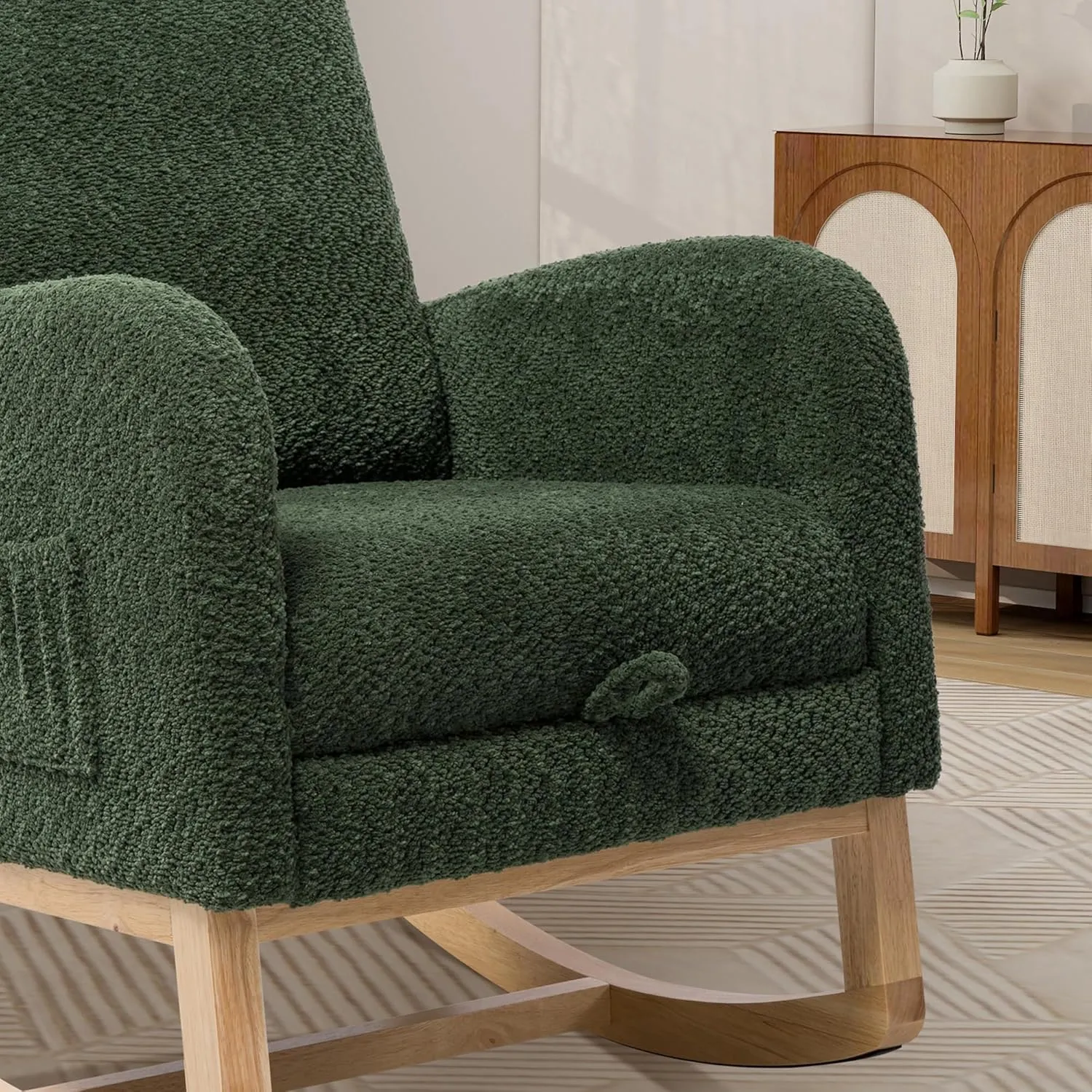 Rocking Chair Nursery, High Back Glider Chair with Retractable Foot Rest, Side Pocket, Rocking Accent Armchair with Rubber Wood Legs, for Indoor Living Room Bedroom.(Green 2)