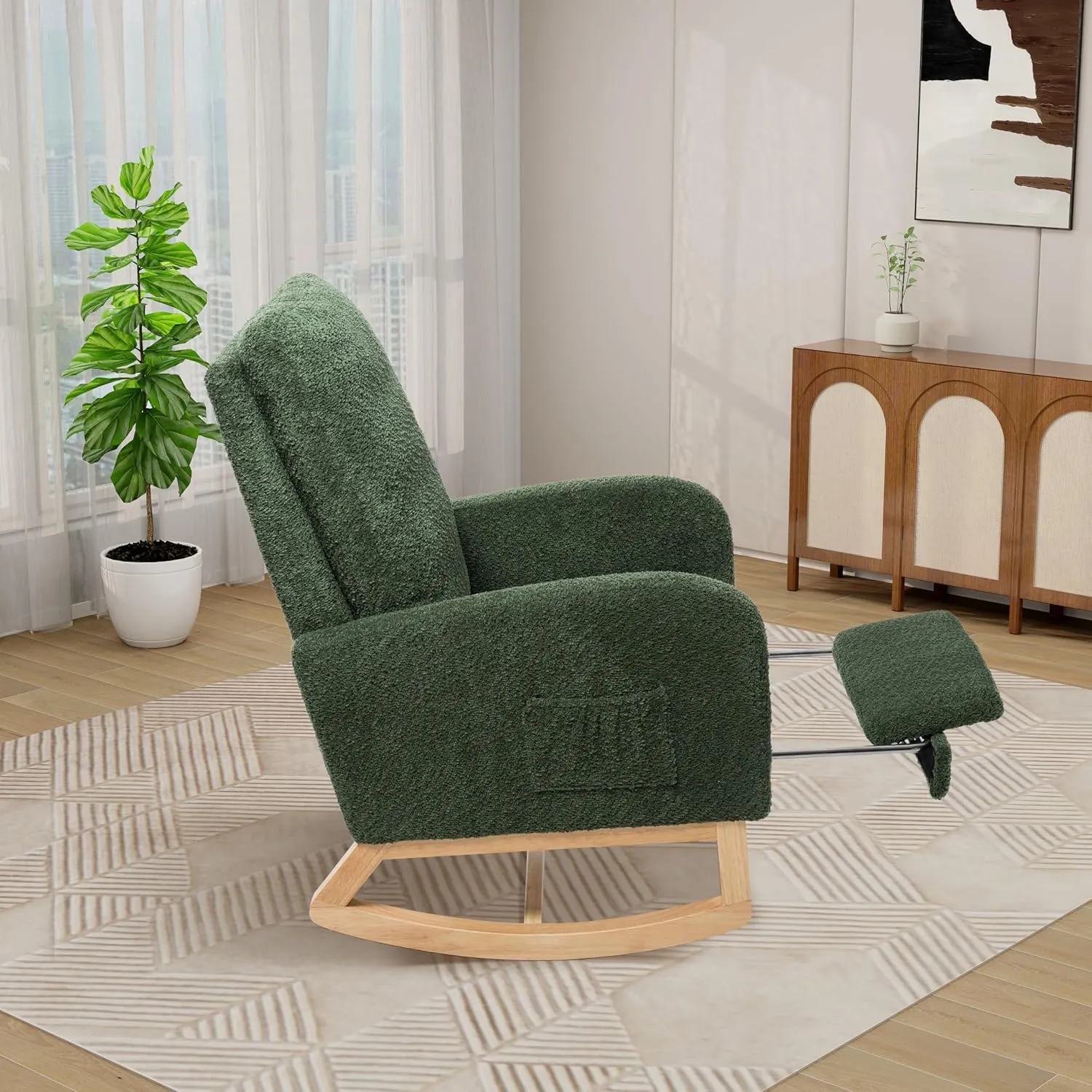 Rocking Chair Nursery, High Back Glider Chair with Retractable Foot Rest, Side Pocket, Rocking Accent Armchair with Rubber Wood Legs, for Indoor Living Room Bedroom.(Green 2)