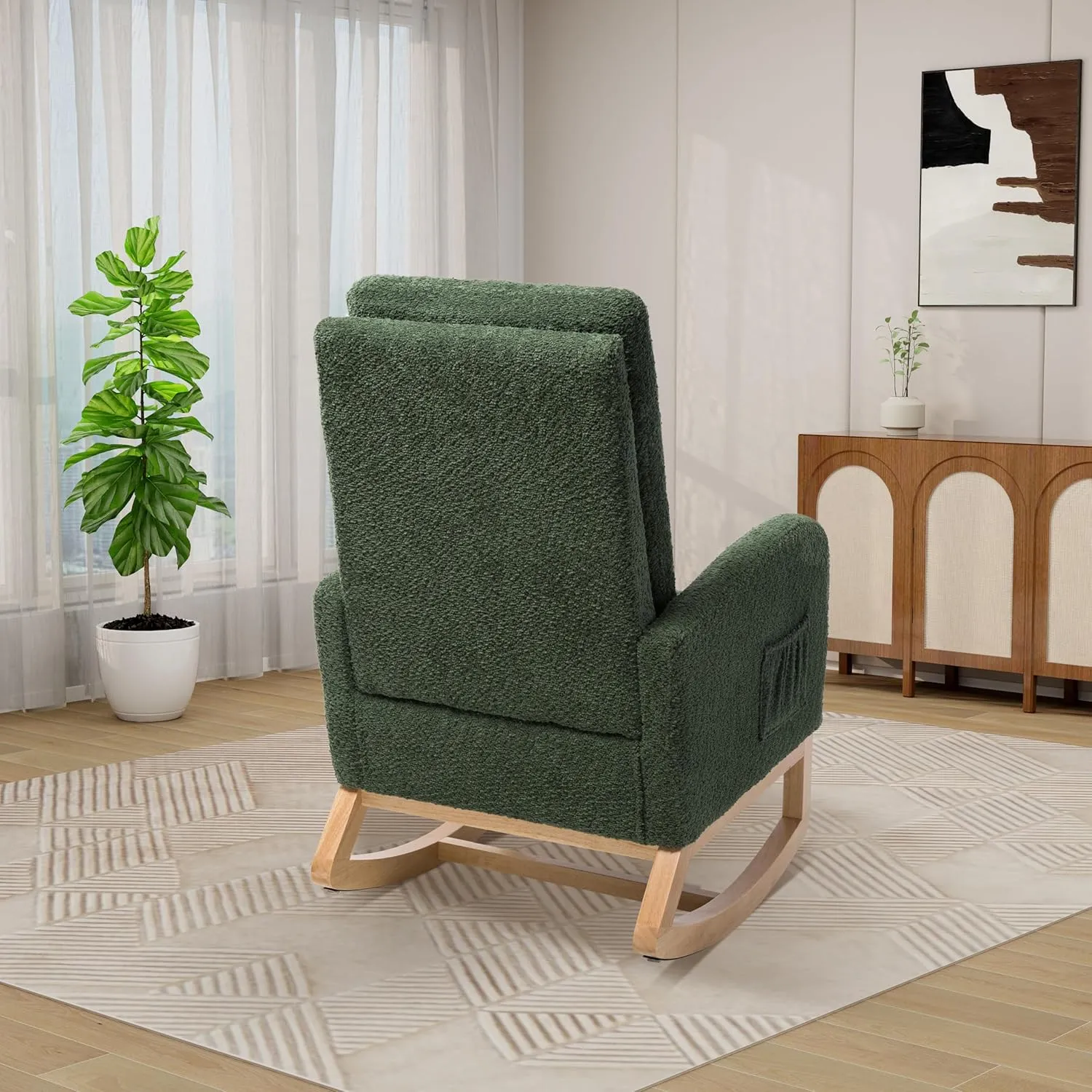 Rocking Chair Nursery, High Back Glider Chair with Retractable Foot Rest, Side Pocket, Rocking Accent Armchair with Rubber Wood Legs, for Indoor Living Room Bedroom.(Green 2)