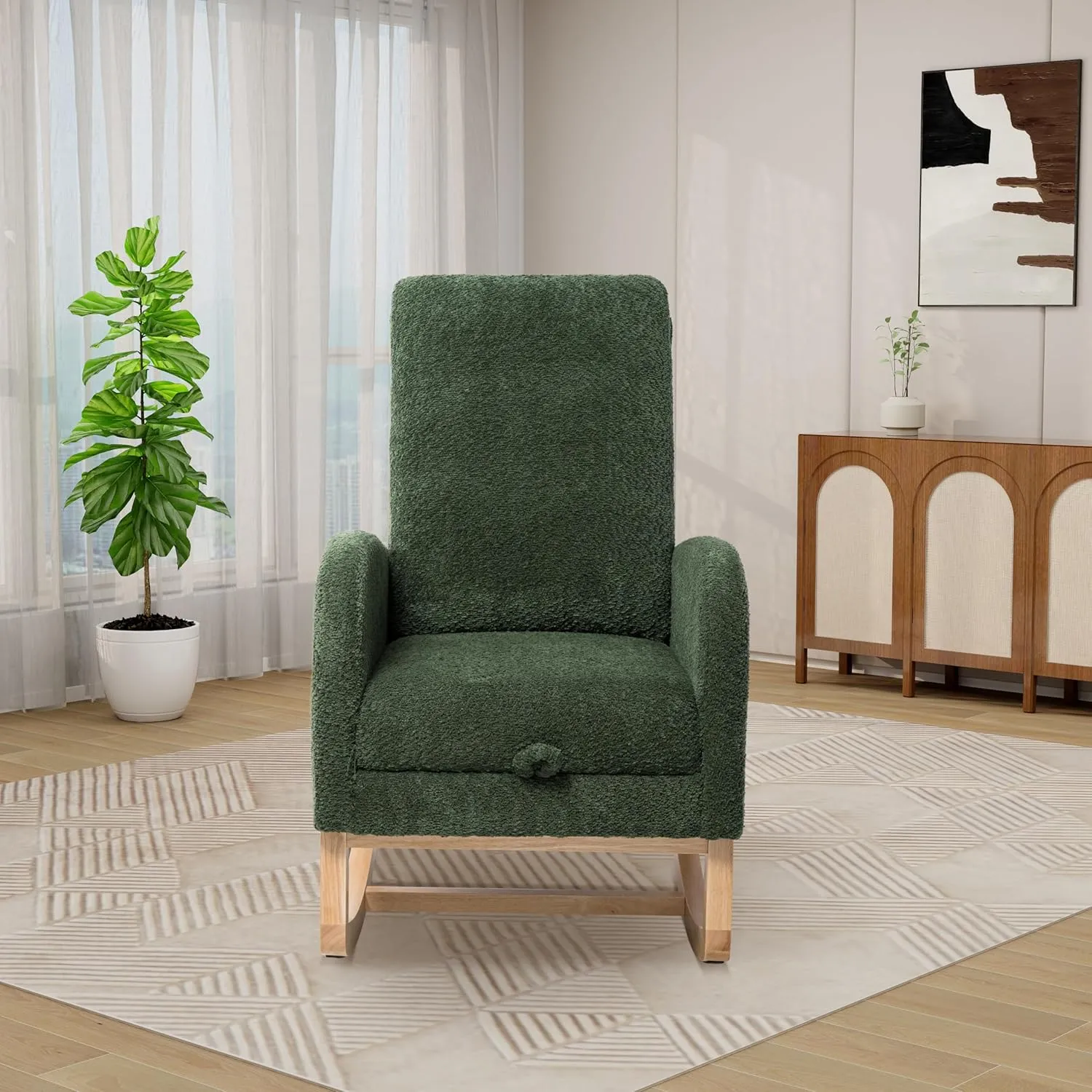 Rocking Chair Nursery, High Back Glider Chair with Retractable Foot Rest, Side Pocket, Rocking Accent Armchair with Rubber Wood Legs, for Indoor Living Room Bedroom.(Green 2)