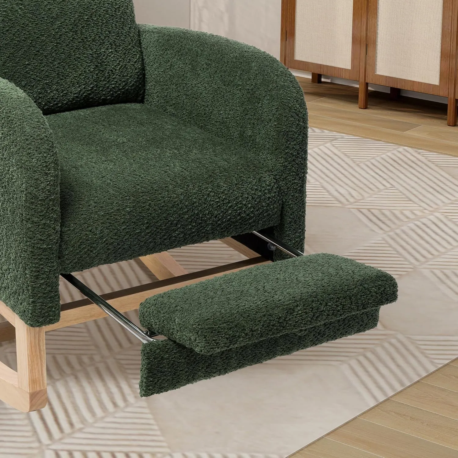 Rocking Chair Nursery, High Back Glider Chair with Retractable Foot Rest, Side Pocket, Rocking Accent Armchair with Rubber Wood Legs, for Indoor Living Room Bedroom.(Green 2)