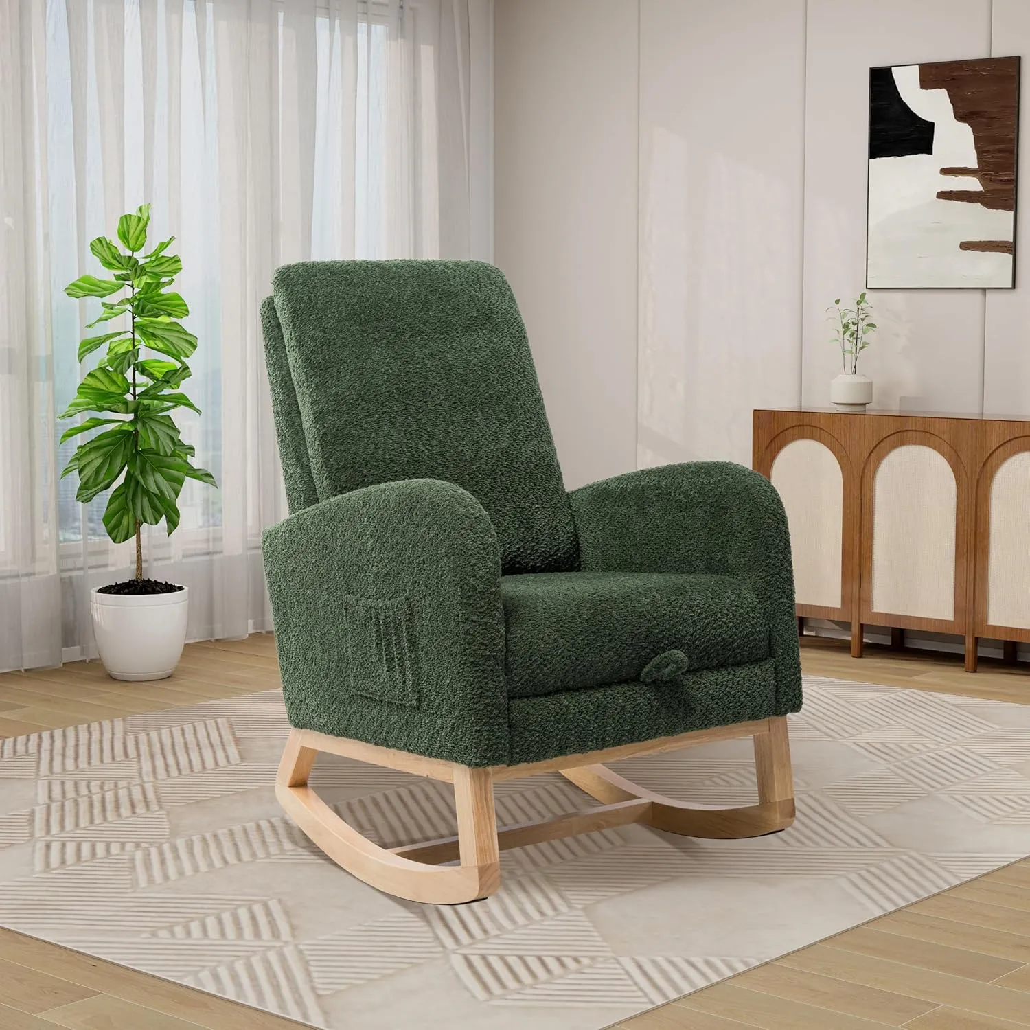 Rocking Chair Nursery, High Back Glider Chair with Retractable Foot Rest, Side Pocket, Rocking Accent Armchair with Rubber Wood Legs, for Indoor Living Room Bedroom.(Green 2)