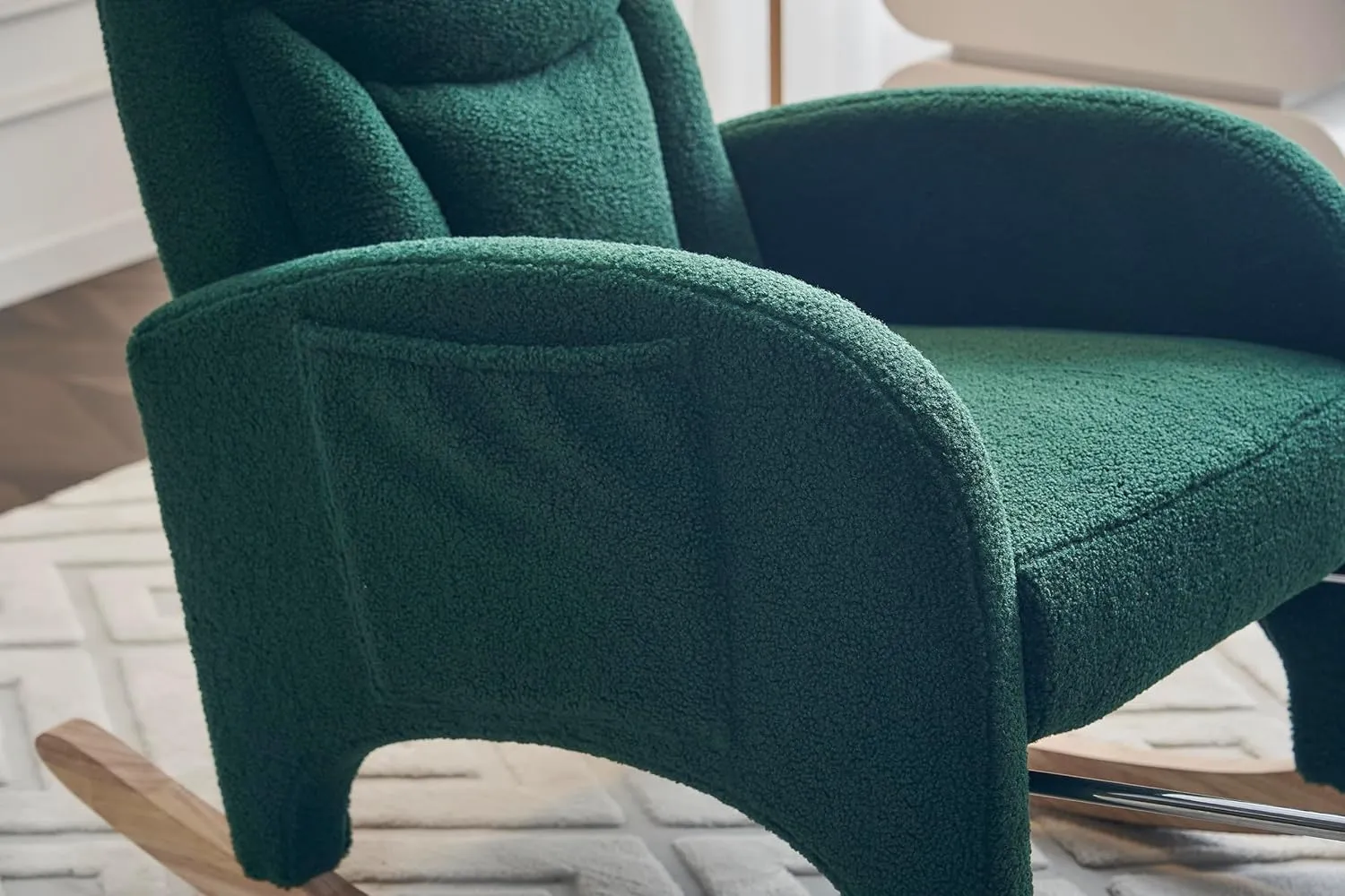 Rocking Chair with Foot Rest, Nursery Glider Teddy Gliding Rocking Chair with Retractable Footrest Rubber Wood Legs Side Pocket High Back & Wide Seat Nursing Chair for Living Room (Green)