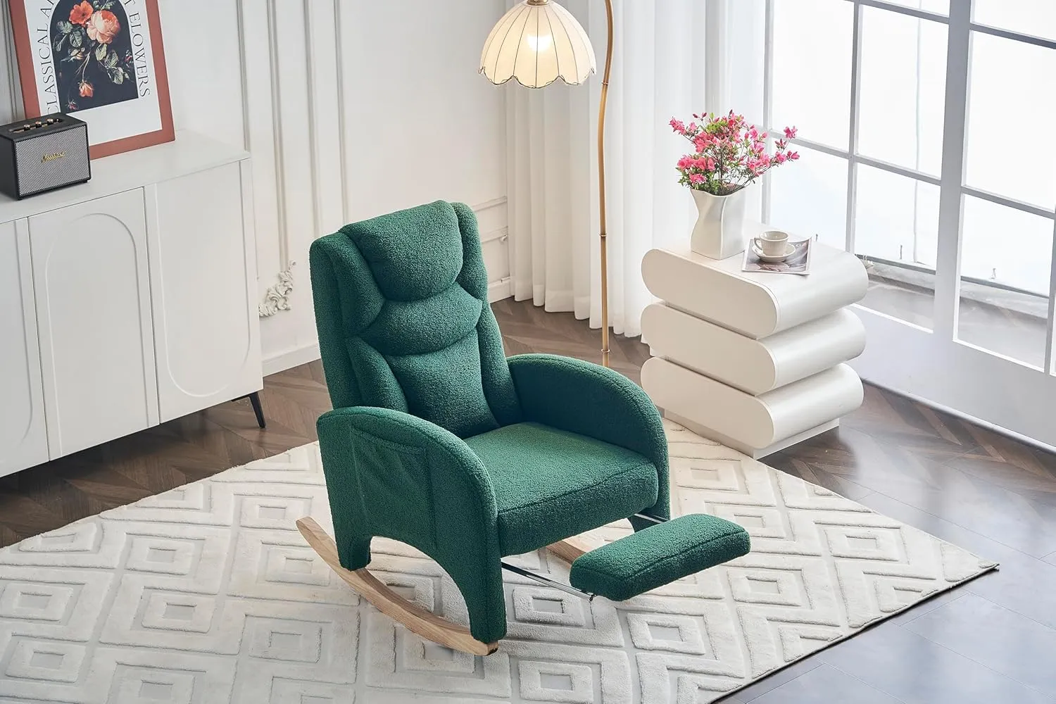 Rocking Chair with Foot Rest, Nursery Glider Teddy Gliding Rocking Chair with Retractable Footrest Rubber Wood Legs Side Pocket High Back & Wide Seat Nursing Chair for Living Room (Green)