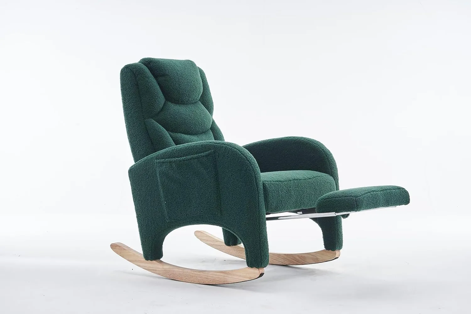 Rocking Chair with Foot Rest, Nursery Glider Teddy Gliding Rocking Chair with Retractable Footrest Rubber Wood Legs Side Pocket High Back & Wide Seat Nursing Chair for Living Room (Green)