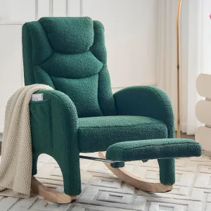 Rocking Chair with Foot Rest, Nursery Glider Teddy Gliding Rocking Chair with Retractable Footrest Rubber Wood Legs Side Pocket High Back & Wide Seat Nursing Chair for Living Room (Green)