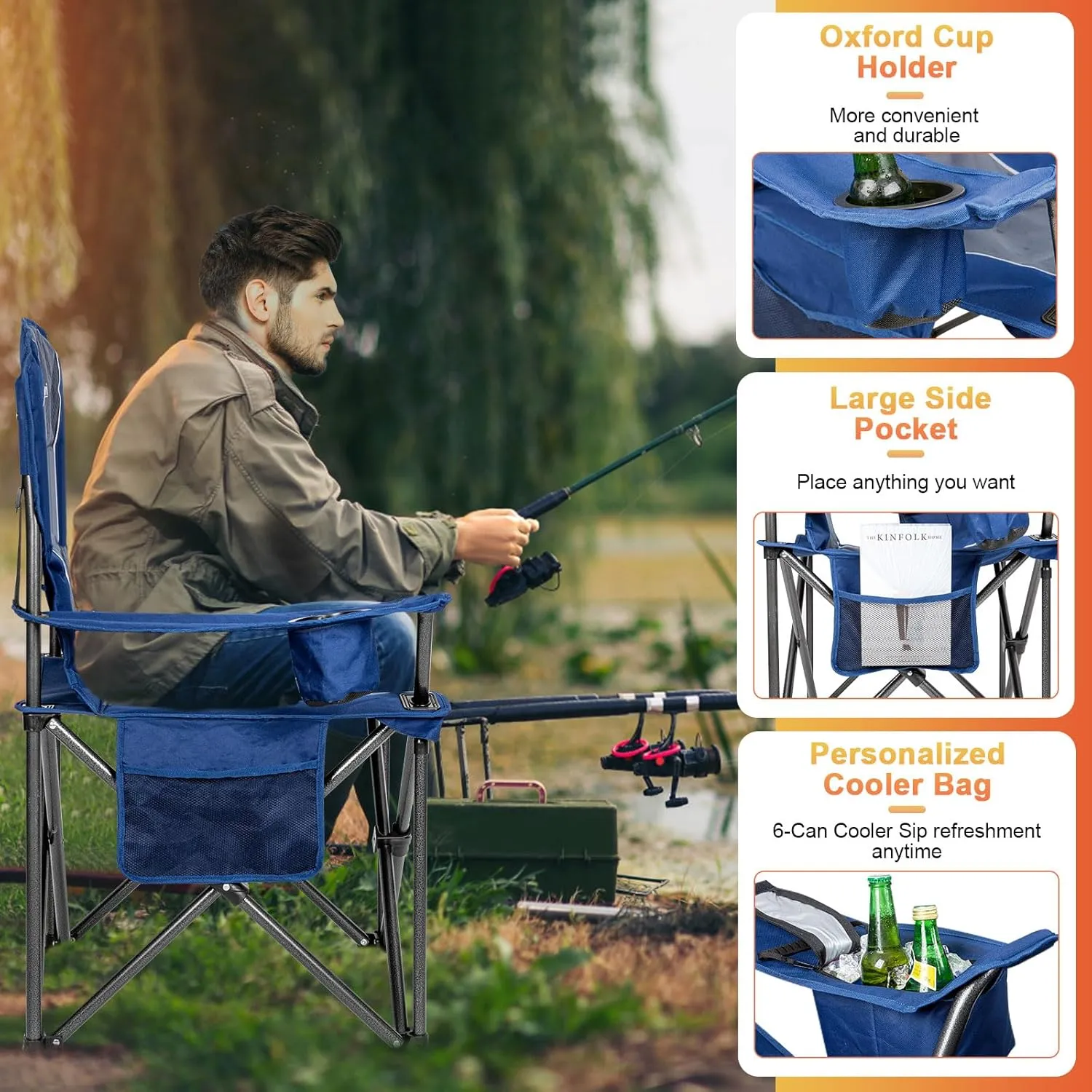 Romswi Oversized Camping Chairs,Heavy Duty Support 500 LBS,Padded Back & Arm Sport Chairs, Cup Holder Cooler Bag, Collapsible Folding Chairs for Outdoor, Fishing & Garden