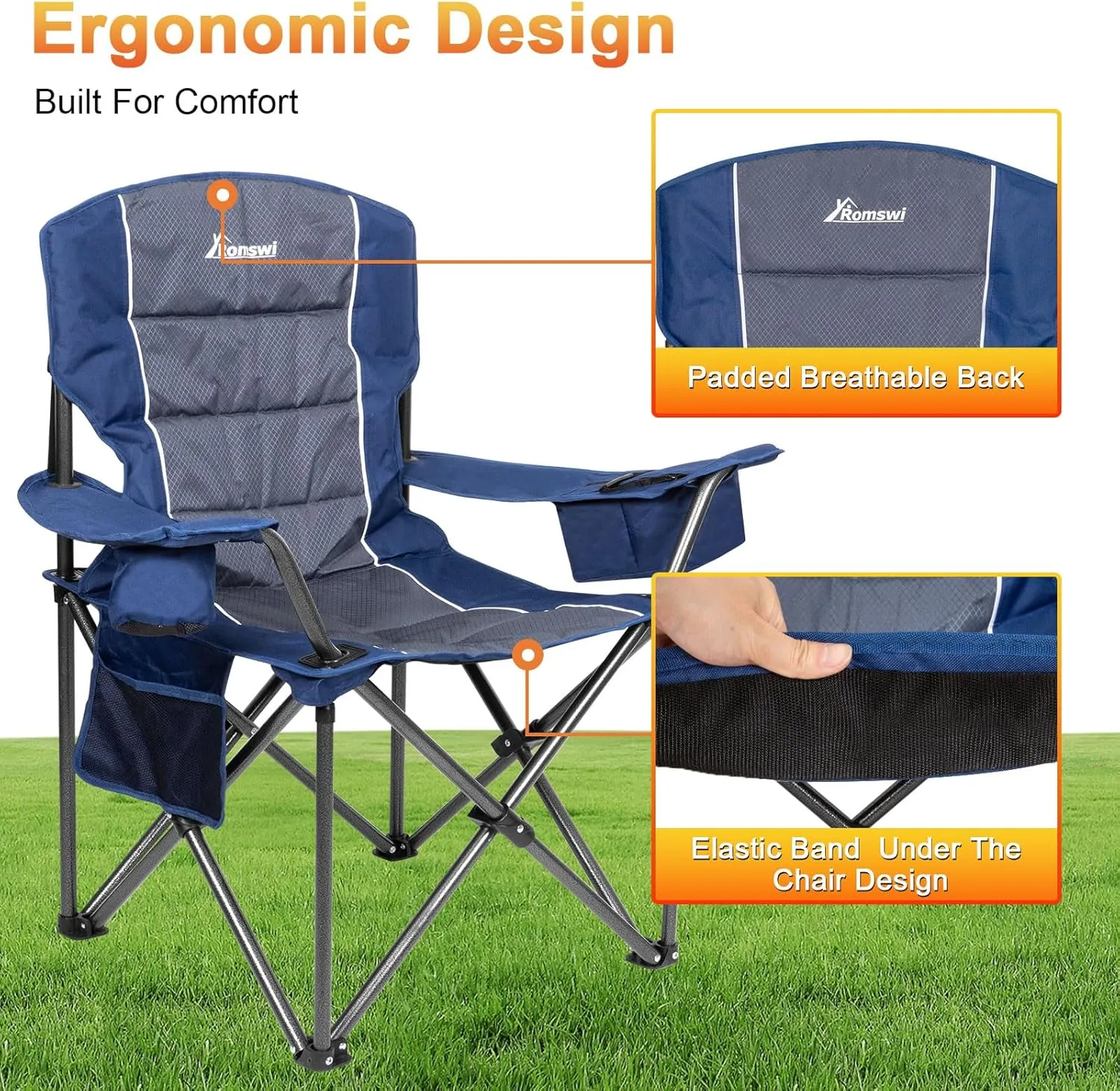 Romswi Oversized Camping Chairs,Heavy Duty Support 500 LBS,Padded Back & Arm Sport Chairs, Cup Holder Cooler Bag, Collapsible Folding Chairs for Outdoor, Fishing & Garden
