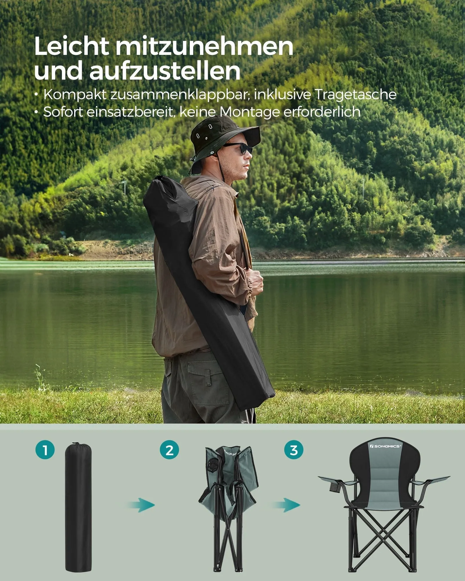 Rootz Green-Black Camping Chair - Portable Chair - Foldable Seat - 600D Oxford Fabric - Lightweight - Durable - Comfortable - 55cm x 90cm x 102cm