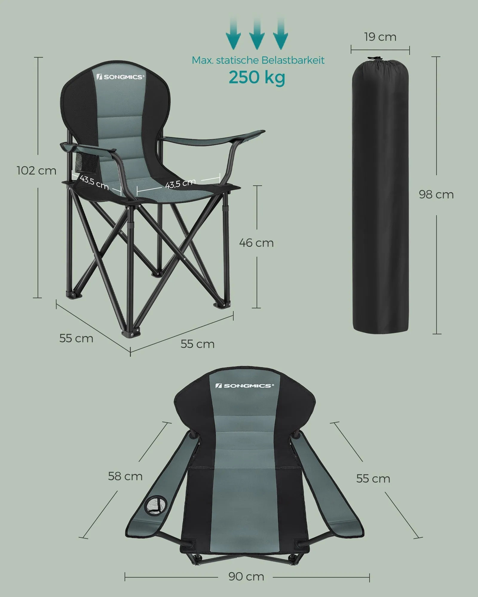 Rootz Green-Black Camping Chair - Portable Chair - Foldable Seat - 600D Oxford Fabric - Lightweight - Durable - Comfortable - 55cm x 90cm x 102cm