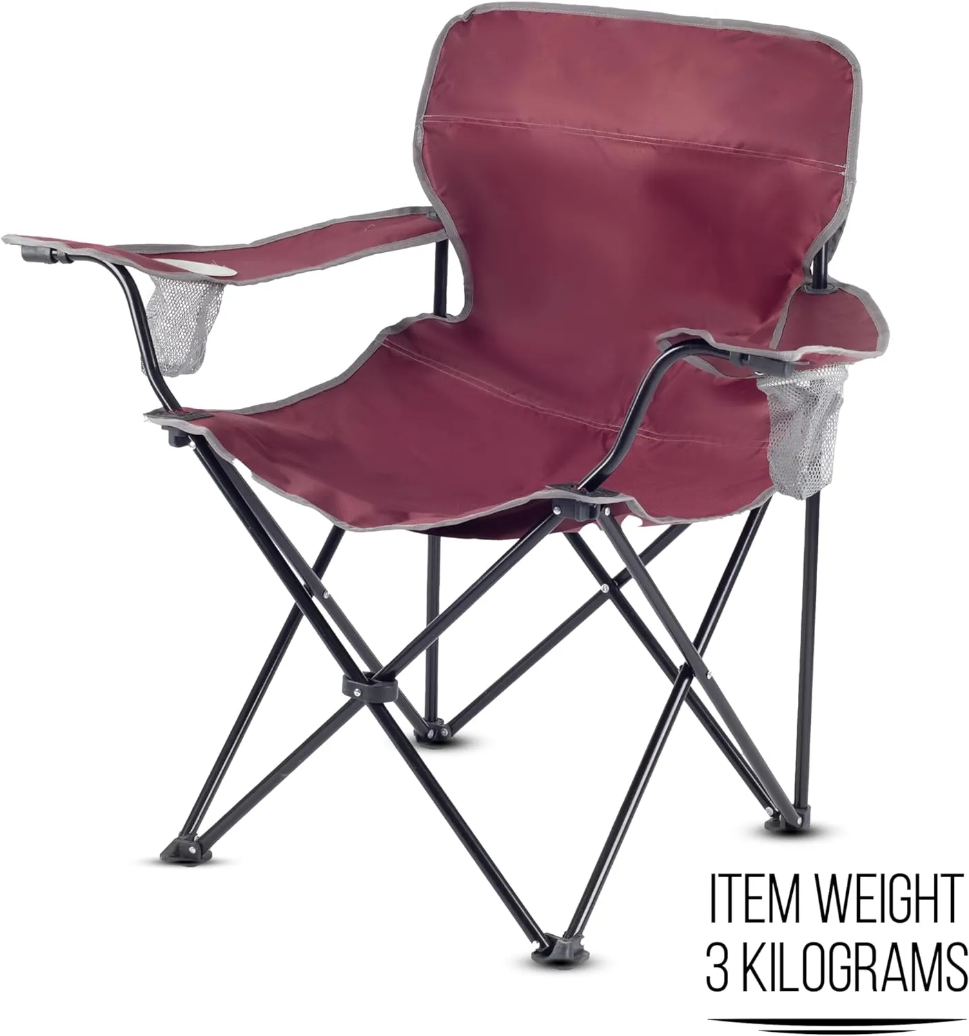 ROXFORM - PP Outdoor Camping Chair with Double Cup Holders - Lightweight Foldable Camping Chairs for Adults - Outdoor Accessories Ideal for Fishing, Garden & Beach - Holds up to 165 kg-Burgundy