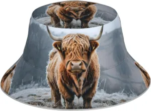 Rugged Highland Cattle Prints Reflective Bucket Hat for Men and Women - Breathable, and Stylish Double-Sided Design,One Size Black