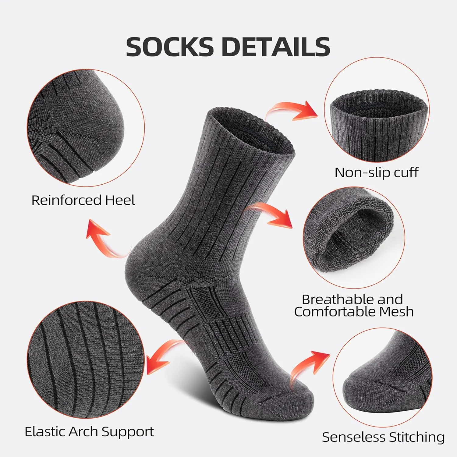RUNCL Men's Hiking Socks, Merino Wool Cushion Socks, Moisture & Wicking Crew Socks for Outdoor Sports, Xmas Gifts (3 Pairs)
