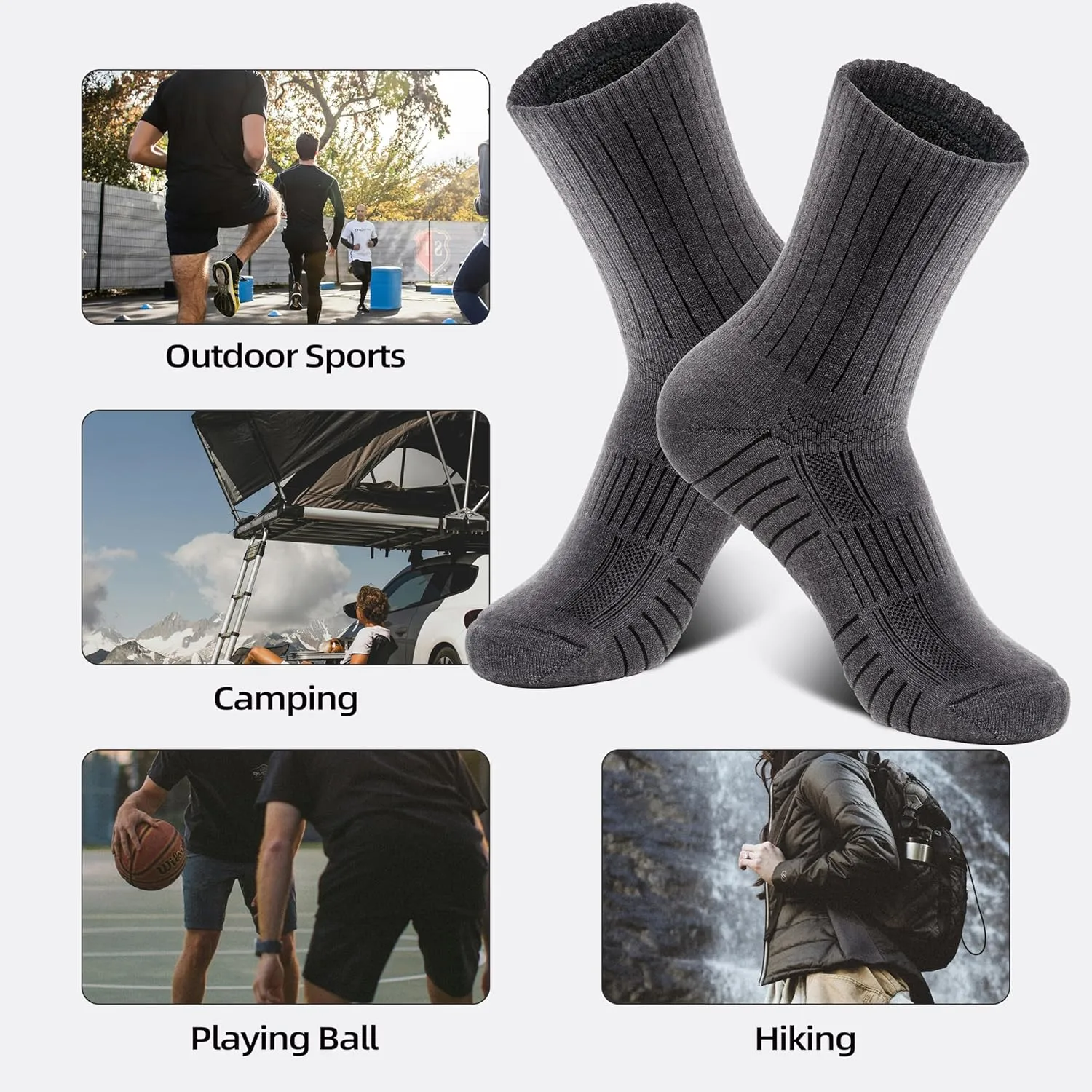 RUNCL Men's Hiking Socks, Merino Wool Cushion Socks, Moisture & Wicking Crew Socks for Outdoor Sports, Xmas Gifts (3 Pairs)