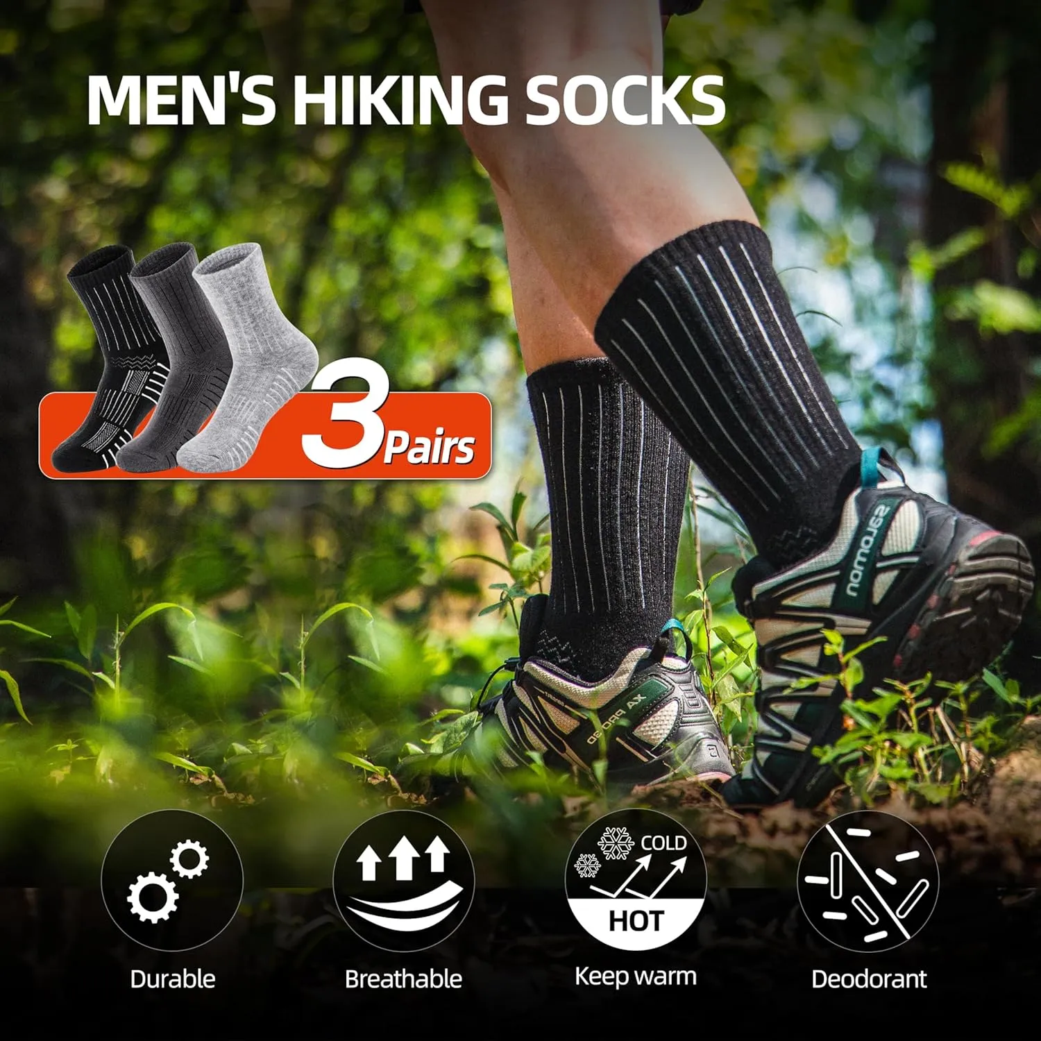 RUNCL Men's Hiking Socks, Merino Wool Cushion Socks, Moisture & Wicking Crew Socks for Outdoor Sports, Xmas Gifts (3 Pairs)