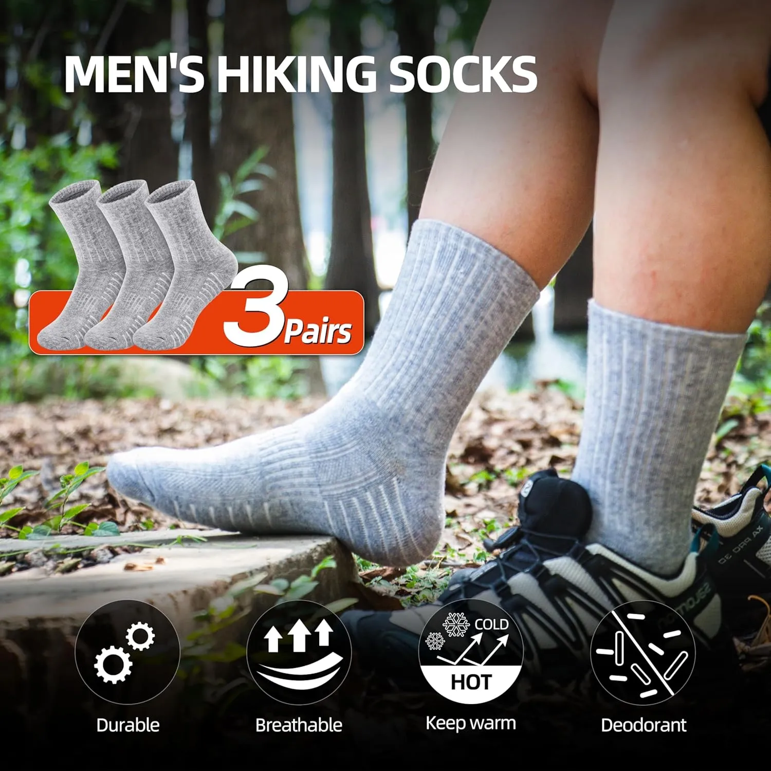 RUNCL Men's Hiking Socks, Merino Wool Cushion Socks, Moisture & Wicking Crew Socks for Outdoor Sports, Xmas Gifts (3 Pairs)