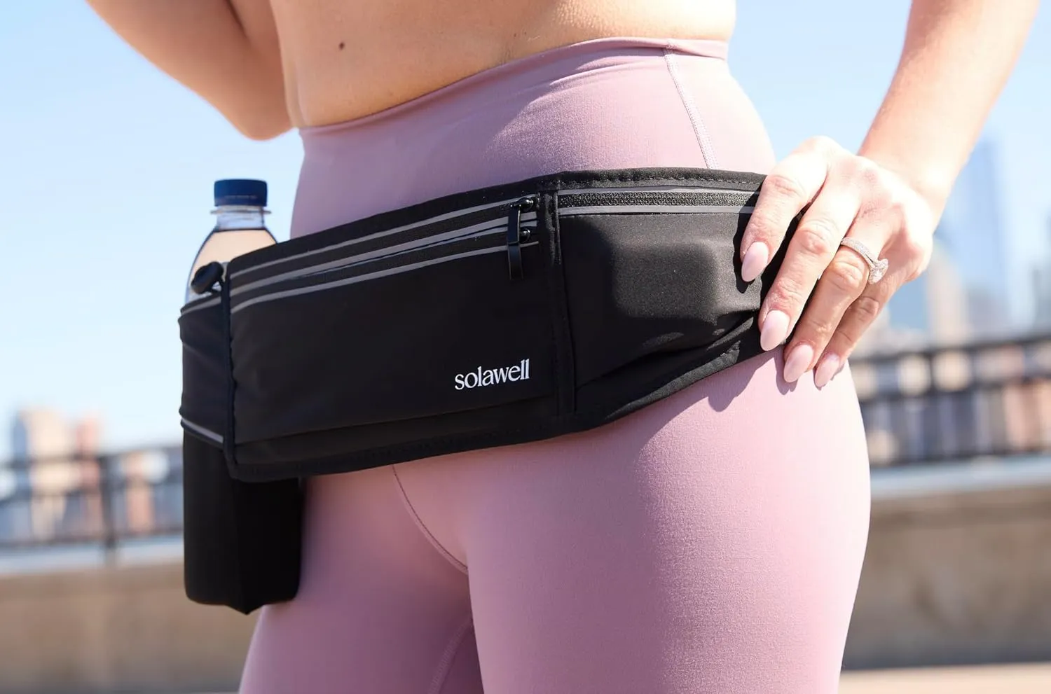 Running Belt with Water Bottle Holder - Waist Bag With Extender for Jogging, Hiking, Cycling, Walking - Dog Walker Hydration Fanny Pack - Black (New Version)