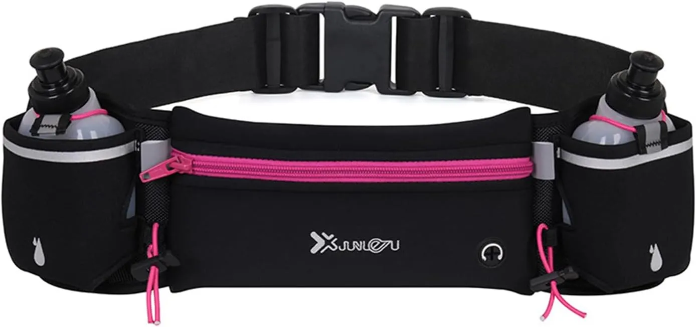 Running Belt with Water Bottles Sports Waist Pouch Hydration Belt Waterproof Waist Pack Bag for Running, Triathlon, Marathon (Rose Red)