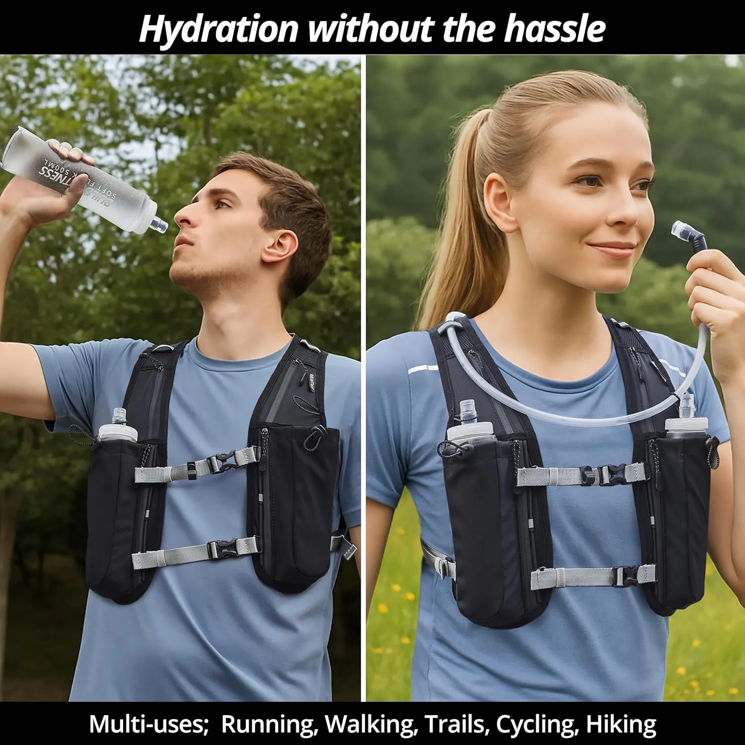 Running Hydration Vest for Women and Men. Reflective, 8 Pocket, Quick dry, Water-Resistant, Breathable, Adjustable Backpack for Runs, Hiking, Cycling, Trails, Marathons