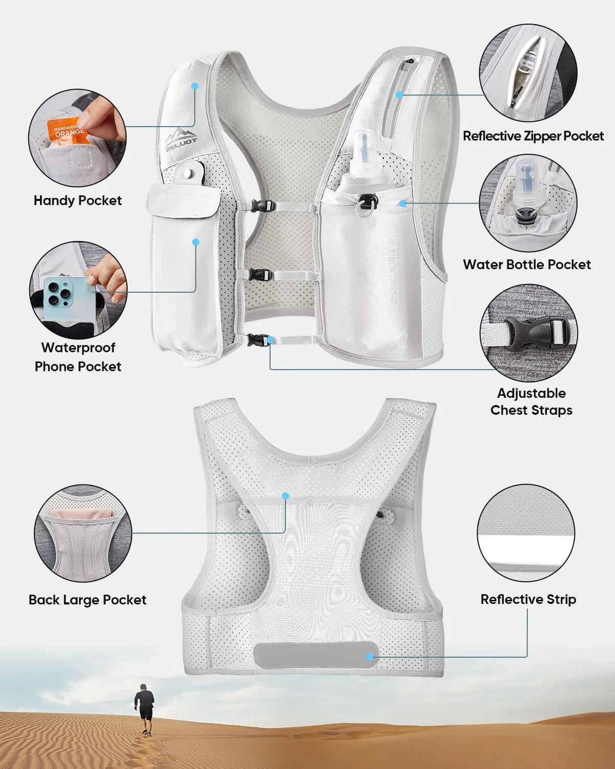 Running Vest for Women Men, USA Original Patent, Adjustable Chest Straps Running Hydration Vest with 500ml Soft Flask, Lightweight Breathable Reflective Running Vest for Marathon