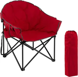 S AFSTAR Oversized Camping Chair, Cushion Padded Moon Round Saucer Chair w/Cup Holder & Carry Bag, Outdoor Leisure Folding Chair, Portable Folding Camp Chair for Camping Fishing, Supports 300lbs (Red)