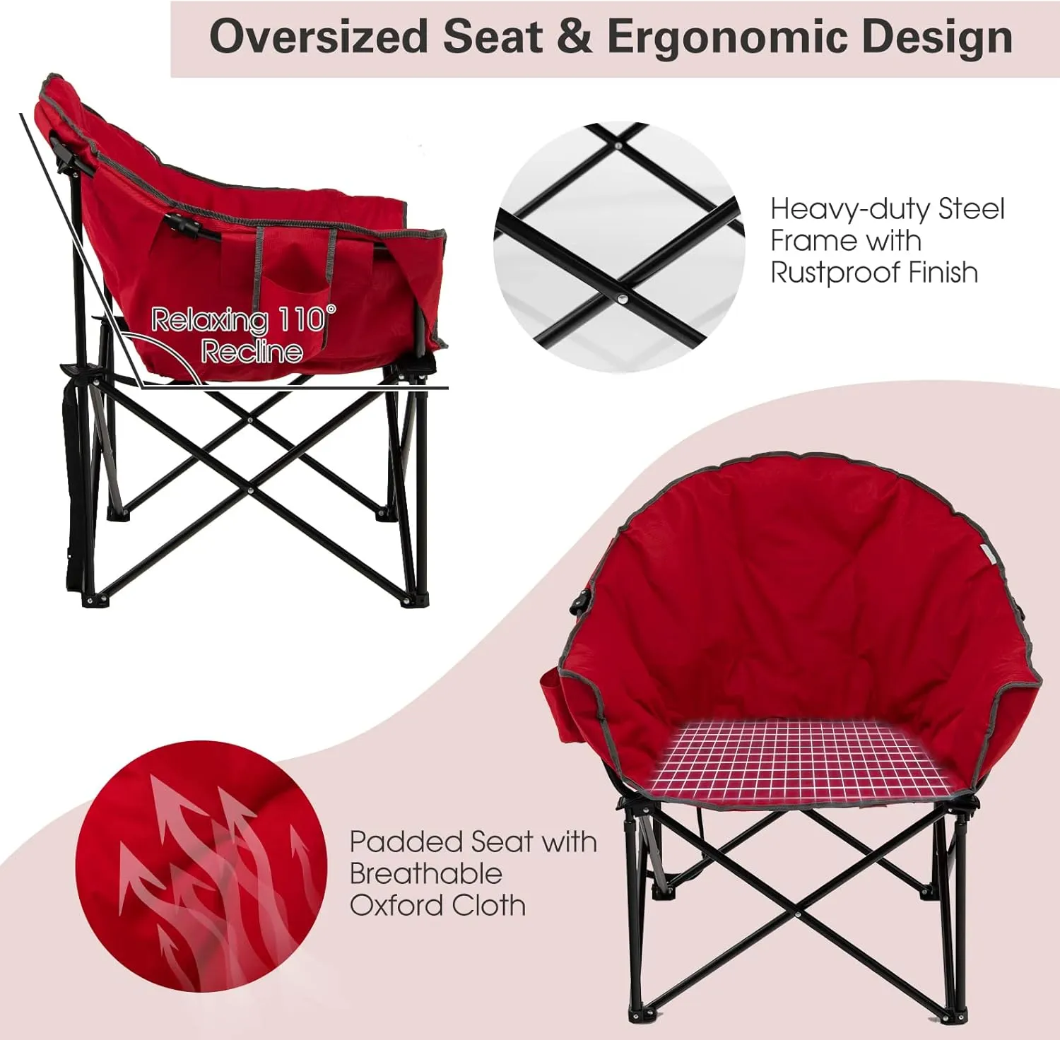 S AFSTAR Oversized Camping Chair, Cushion Padded Moon Round Saucer Chair w/Cup Holder & Carry Bag, Outdoor Leisure Folding Chair, Portable Folding Camp Chair for Camping Fishing, Supports 300lbs (Red)