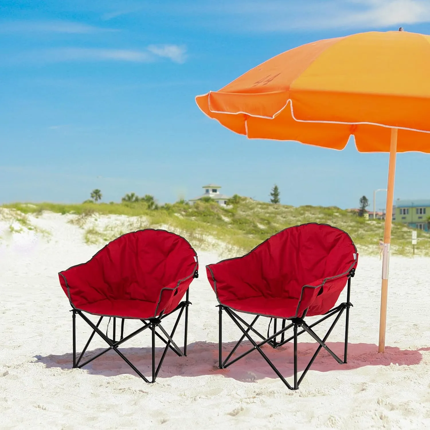 S AFSTAR Oversized Camping Chair, Cushion Padded Moon Round Saucer Chair w/Cup Holder & Carry Bag, Outdoor Leisure Folding Chair, Portable Folding Camp Chair for Camping Fishing, Supports 300lbs (Red)